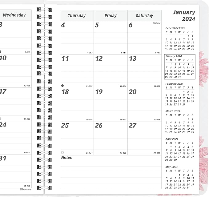 Brownline 2024 Pink Essential Monthly Planner, 14 Months, December 2023 to January 2025, Twin-Wire Binding, 8.875" x 7.125", Pink Daisy Design (CB1200G.05-24)