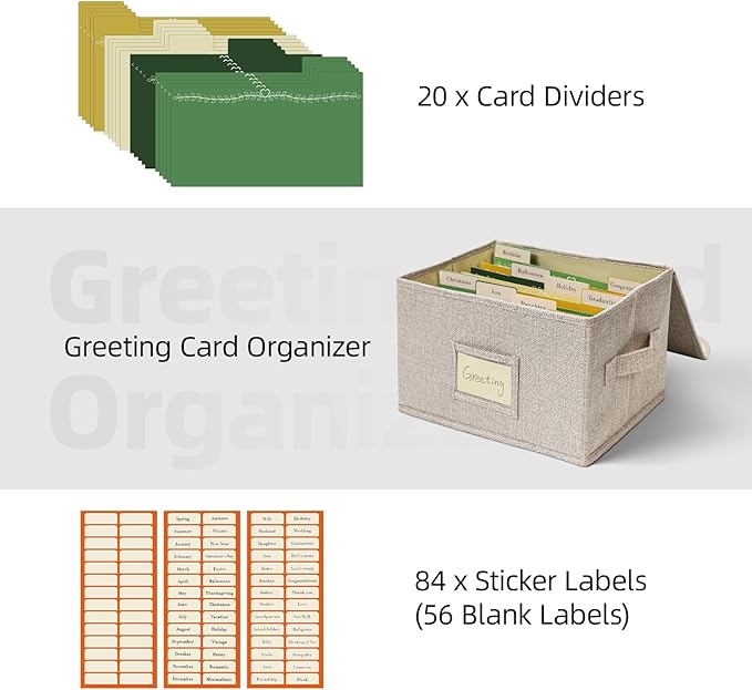 Vienrose Greeting Card Organizer Storage Box with 20 Removable Dividers, 84 Self-stick Labels, Perfect for Photos, Envelopes, Scrapbooking, Paper, Stickers Holder 1 Pack Beige
