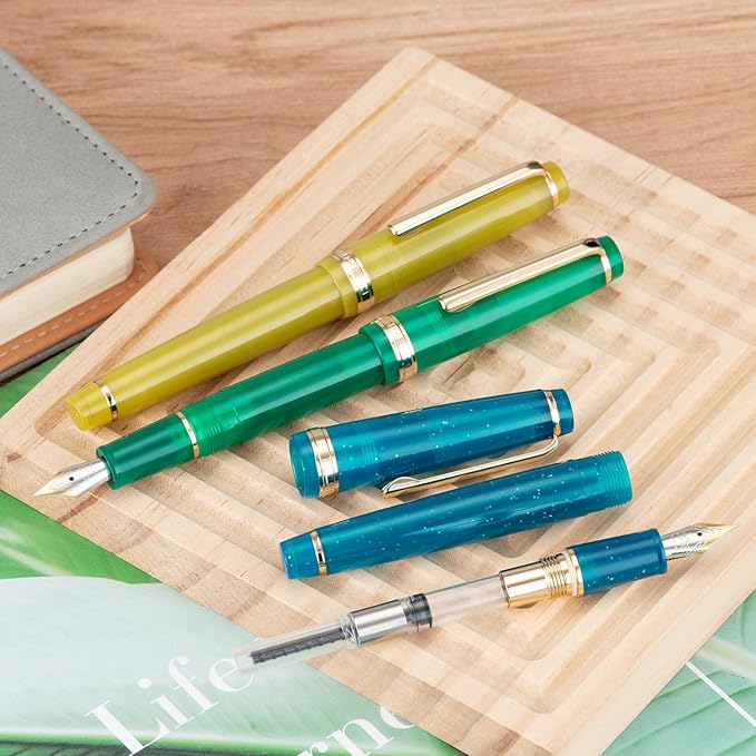 Jinhao 82 Acrylic Fountain Pen, Iridium Bent Nib with Ink Converter, Transparent Jungle Green Classic Design Calligraphy Pen (Gold Trim)