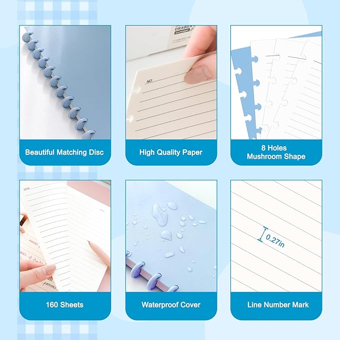 Discbound Notebook, 8-Disc Disbound Planner with Removable Pages, 180 Pages Spiral Notebook, Poly Cover Discbound Planner for Work, Travel, Note Taking(With Index Sticker),Blue,A4