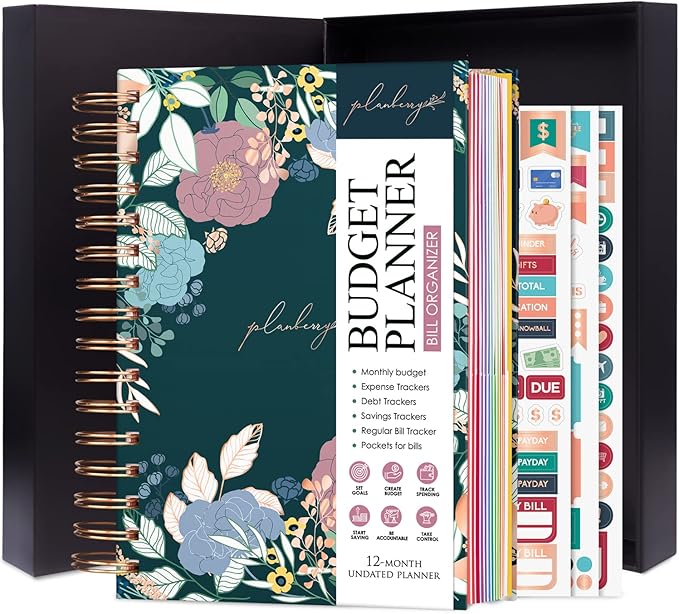 PLANBERRY Budget Planner & Monthly Bill Organizer with Pockets Premium – Home Finance & Bill Payment Organizer – Budgeting Book with Income & Expense Tracker - 7x8.5″ Hardcover (Spring Bloom)