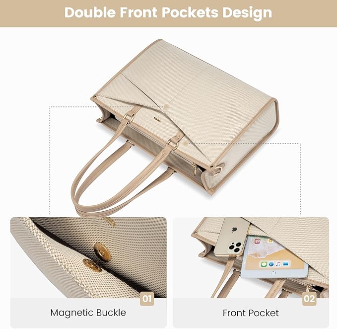 LOVEVOOK Laptop Bag for Women, 15.6 inch Laptop Tote Work Teacher Bags Cancas Computer Shoulder Bag,Canvas/Apricot Beige