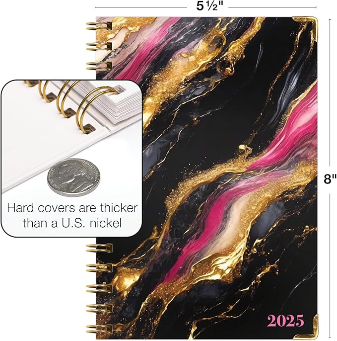 HARDCOVER 2025 Planner, 5.5"x8": 14 Months (November 2024 - December 2025), Daily Weekly Monthly Planner, Yearly Agenda, Bookmark, Pocket Folder and Sticky Note Set (Dark Gold Marble)
