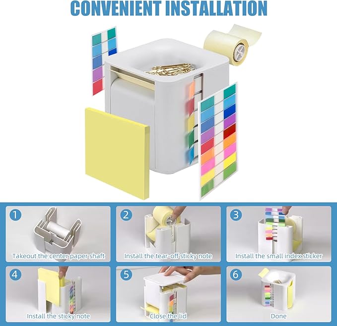 5-in-1 Note Dispenser and Holder with Self-Adhesive Notepad and Color Flat Labels, Note Organizer for Home, School, Office (White)