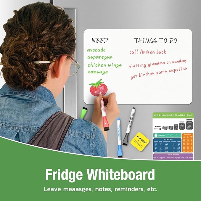 Magnetic Dry Erase Board: Small Fridge Whiteboard, Flexible Refrigerator Magnet White Board, Blank Writing Note Sheet with Kitchen Conversion Chart Magnet, 4 Markers & Eraser - 20 x 13