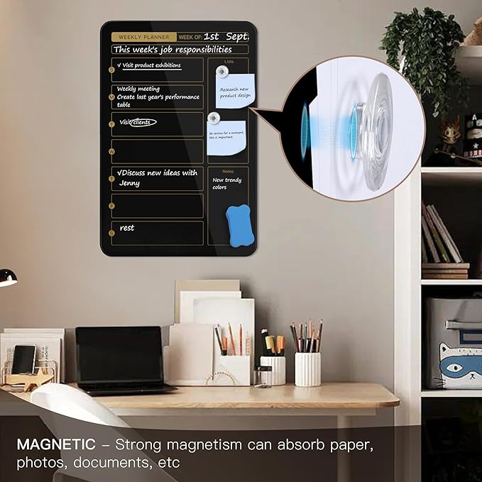 SELEAD Magnetic Glass Whiteboard Weekly Planner - 16”x24” Dry Erase Calendar White Board for Wall, Menu Notes Grocery List Board for Home Kitchen Restaurant - Black&Gold