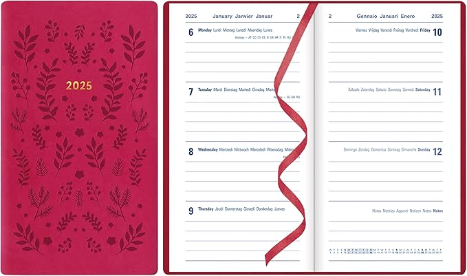 Letts of London Woodland 2025 Weekly Planner, 12 Months, January to December, Sewn Binding, Medium Pocket, 5.875" x 3.125", Multilingual, Pink (C082174-25)
