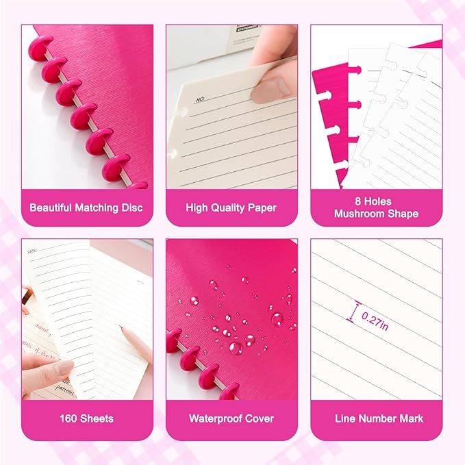 Discbound Notebook, 8-Disc Disbound Planner with Removable Pages, 180 Pages Spiral Notebook, Poly Cover Discbound Planner for Work, Travel, Note Taking(With Index Sticker),Rose Red,A4
