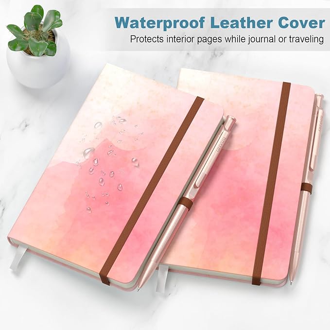 Small Notebook, Mini Pocket Journal A6 5.7" x 3.9", Leather Hardcover Journal with Pen Holder, 160 Thick Papers, Cute Lined Notebook Small Notepad for Women Writing Work Travel, Pink Sunglow