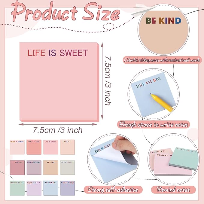 Yinder 24 Pcs Inspirational Sticky Notes with Lines Cute Motivational Sticky Notes Pad Employee Appreciation Gifts Bulk for Teacher Nurse Coworkers Office Supplies 3 x 3''(Aesthetics,Inspirational)