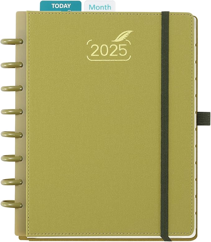 BEZEND Life Planner 2025 Weekly & Monthly Family Organizer with 6 Columns 7" x 9" - Agenda 2025 Family Calendar with Tabs, Pocket & Tear-off Shopping List, Disc Bound Flexible Cover - Mustard