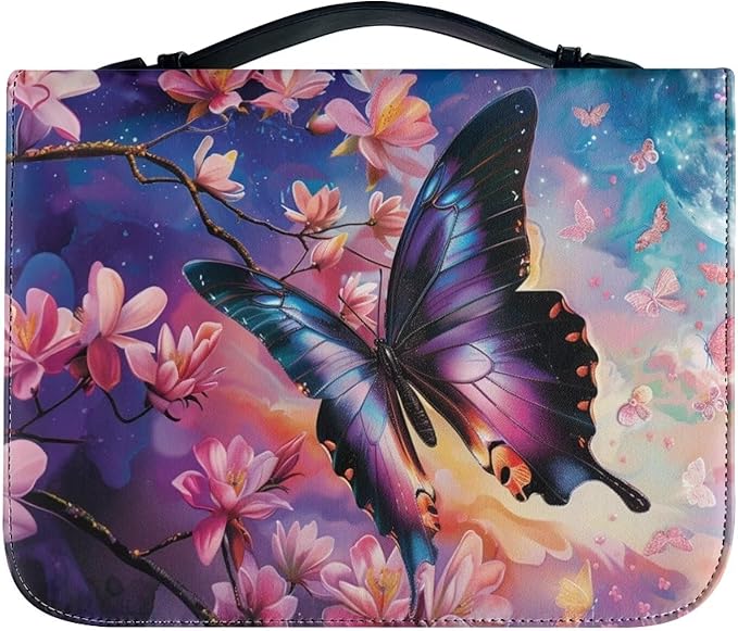 Lotusorchid Cherry Blossom Butterfly Printed Bible Bags, Faux Leather Bible Covers with Handle Pockets for Women, Blue Butterfly Sturdy Bible Bag for Girls Ages 8-12, Christian Bible Study Accessories