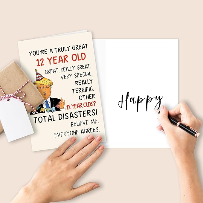 Happy Trump 12th Birthday Card for Boys Girls, Funny 12 Year Old Birthday Gifts for Daughter Son, Humor 12 Bday Decorations for Him Her