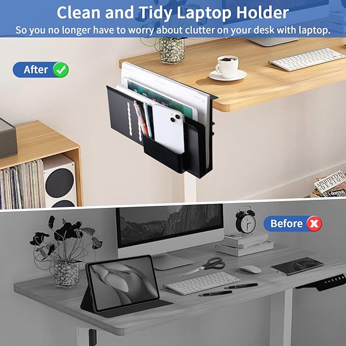 LUKETURE Desk Side Storage, 2 Tier Steel Hanging Organizer, No Drill Side Desk Organizer, Laptop Holder, with Pen Holder, Hanging Table Storage for Office and Home