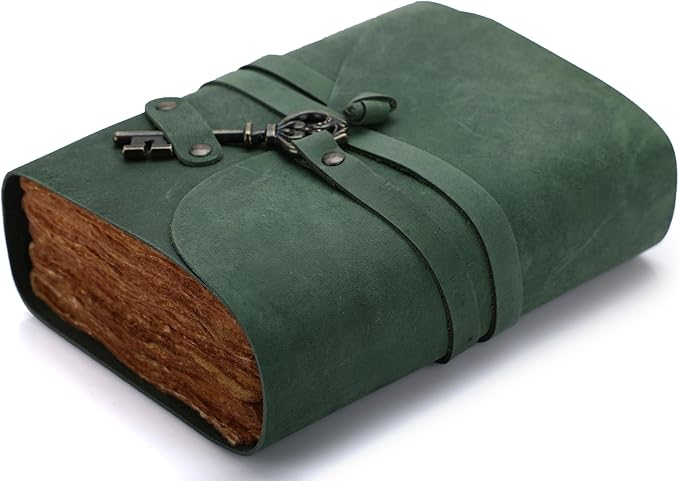 Fausta Vintage Handcrafted Leather Journal with Key for Writing, 240 Pages 7 x 5 inches, Deckled Cotton Paper Notebook/Diary for Men and Women 150 GSM Drawing/Sketchbook, Hunter Green