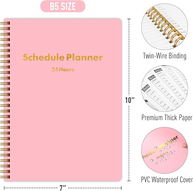 24 Hour Schedule Daily Planner - Undated To Do List Notebook with Hourly Schedule, 7" x 10", Spiral Organizer Your Tasks and Appointments, Home or Office Supplies for Women - Carnation Pink