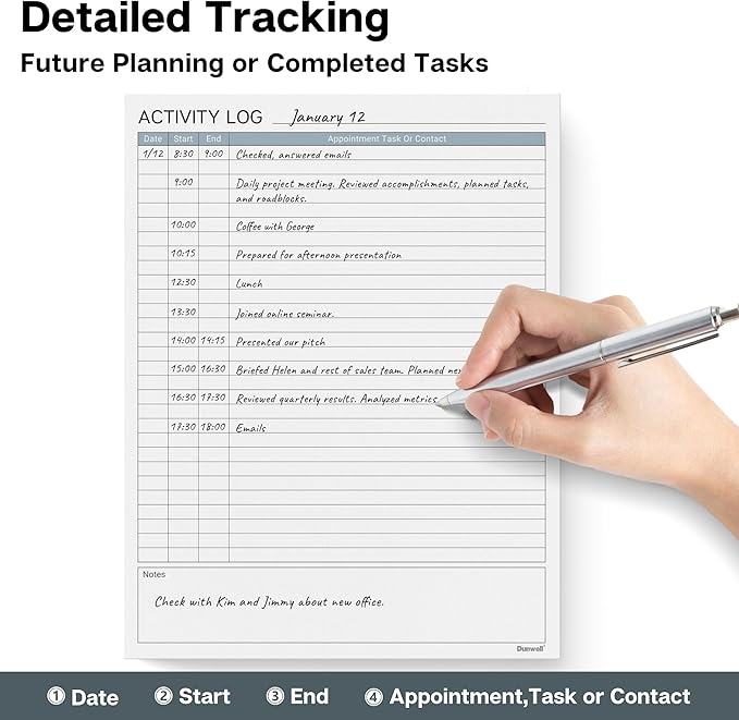Dunwell Activity Log Notepad (8.5x11"), 54 Sheets, Time Sheet Log Book Note Pad, Undated Desktop Planner Pad for Daily Tasks, Desk Planner Task Log for Home or Office
