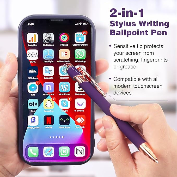 6 Pack Ballpoint Pen 2-in-1 Stylus Retractable Ballpoint Pen with Stylus tip, Metal Stylus Pen for Touch Screens, 1.0 mm Black Ink, 6 Different Color