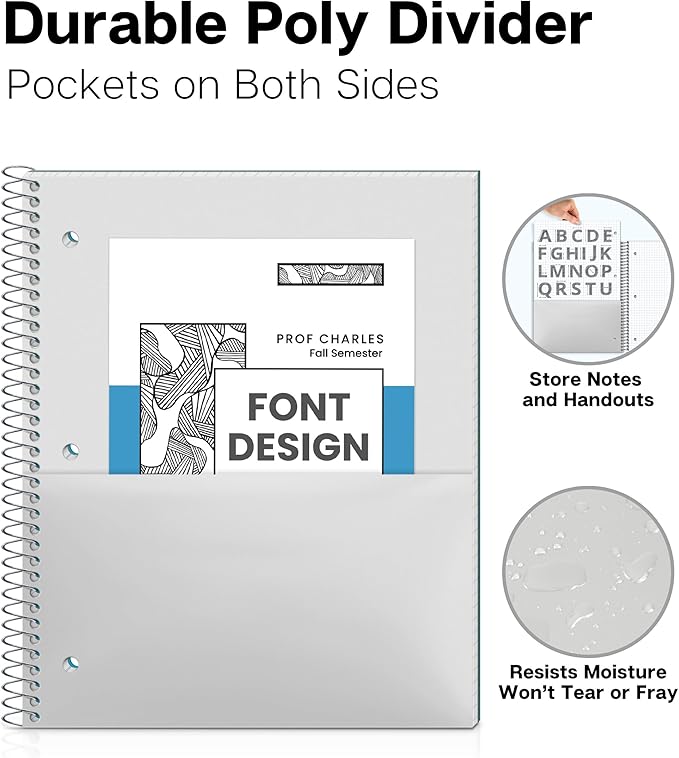 Dunwell Graph Paper Notebook 8.5 x 11 (Blue) Plastic Cover, 100 Sheets (200 Pages), 4x4 Squares, 1 Subject Graph Paper Spiral Notebook, 1/4" Grid, Pocket Divider, Easy Tear-Off, 3-Hole Punched