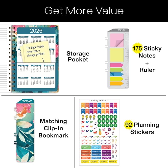 HARDCOVER 2025 Planner, 5.5"x8": 14 Months (November 2024 - December 2025), Daily Weekly Monthly Planner, Yearly Agenda, Bookmark, Pocket Folder and Sticky Note Set (Teal Floral)