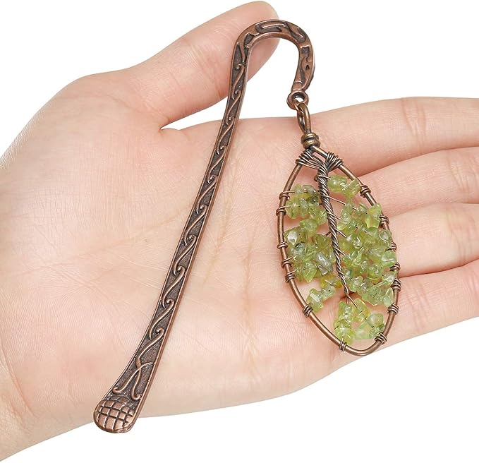 Jovivi 3pcs Antique Copper Metal Bookmark Beading Bookmarks with Handmade 7 Chakra Healing Crystals Tree of Life Tumbled Gemstones & Swirl & Leaf Bead