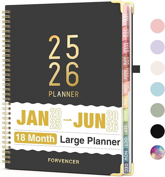Forvencer Daily Planner 2025-2026, 18 Month Academic Planner, 8.5" x 11", Weekly and Monthly Planner, Jan 2025 - Jun 2026, Hardcover Day Planner, Spiral Agenda Book with Colorful Tabs, Office Home School Supplies, A4, , Classic Black