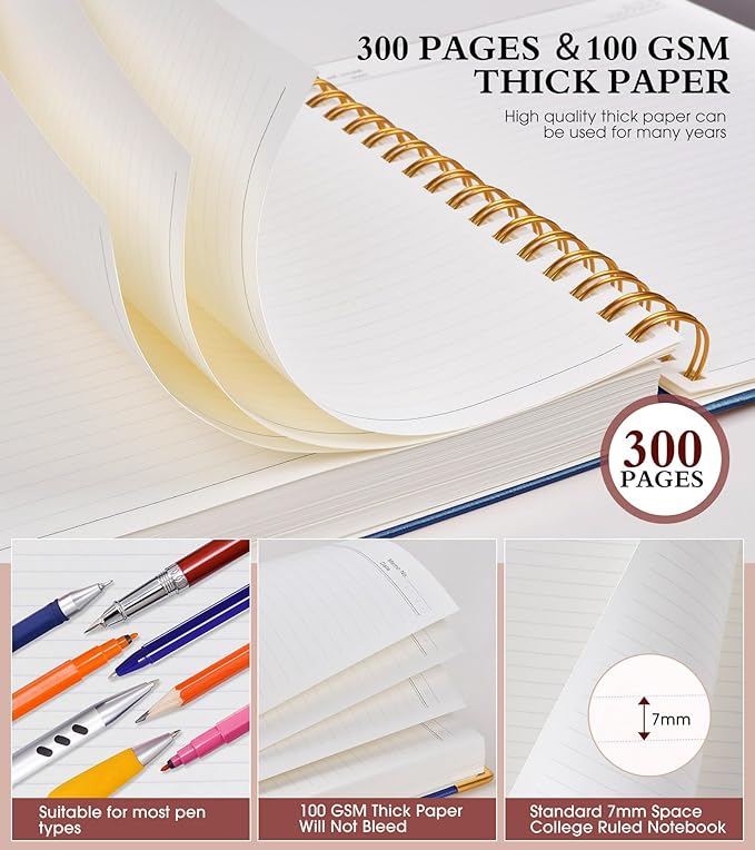 Spiral Notebook Journal 7.6” x 10”, 300 Pages Hardcover Leather Lined Journals for Women Men, B5 Large College Ruled Notebooks with 100 GSM Thick Paper, Spiral Journal for Writing Work School, Navy