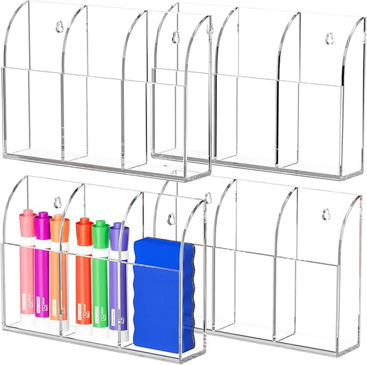 MaxGear 4 Pack Wall Mounted Marker Holder, 3 Compartments Acrylic Organizer for Remotes, Pens, Markers, Clear Desk Pen Holder for Whiteboard Accessories-7.8'' x 1.6'' x 5.5''