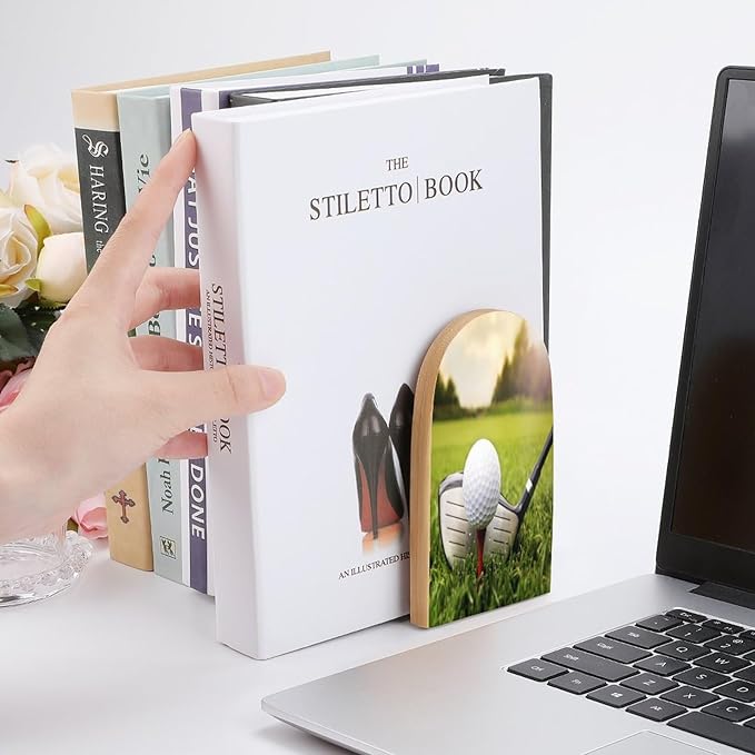 2 Pack Wood Bookends, Sport Golf in Grass Non-Skid Book Ends for Heave Books, Decorative Bookends for Shelves Desk, Book Stoppers Book Holders for Home Office Library School