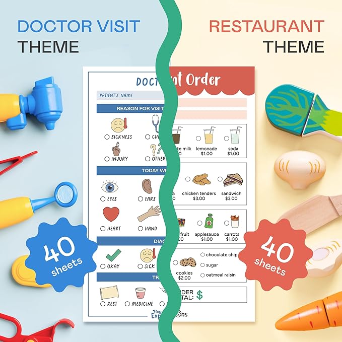 Tiny Expressions Playtime Notepads - 2-Pack Kids Pretend Play Notepads - 40 Pages Order-Taking Restaurant & 40 Pages Doctor Visit Notepad - Waiter and Doctor Imaginative Role Play