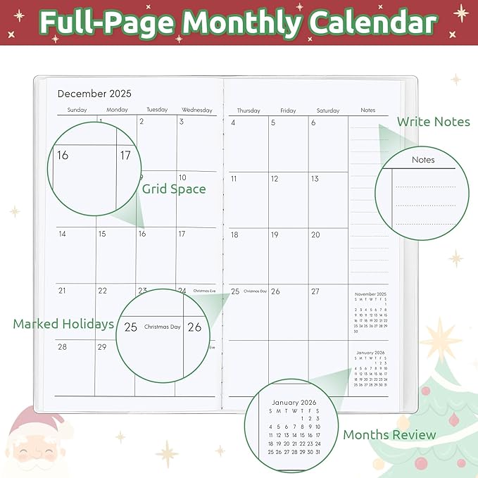 Christmas Pocket Calendar 2025-2026, 2025 Monthly Planner - 6.7" x 3.7" - Runs from January 2025 until December 2026, 2025 Pocket Planner with PVC Cover for Planning, Green