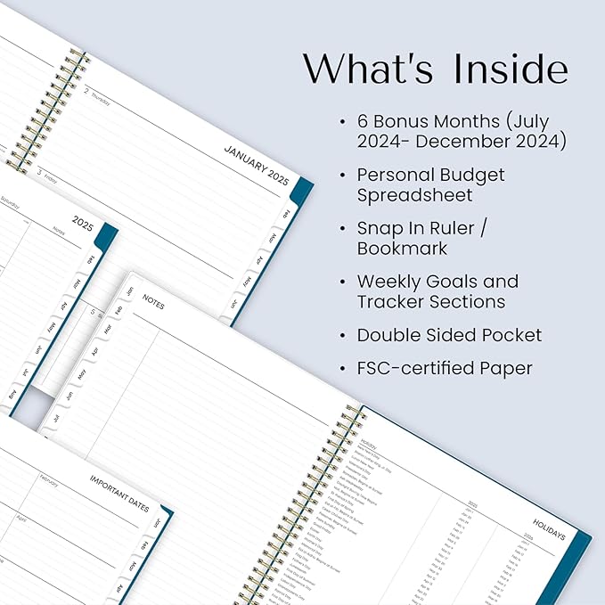 Blue Sky 2025 Weekly and Monthly Planner Calendar, January 2025 - December 2025, 8.5" x 11", Flexible Frosted Cover, Laminated Tabs, Wirebound, Storage Pocket, Bakah Blue