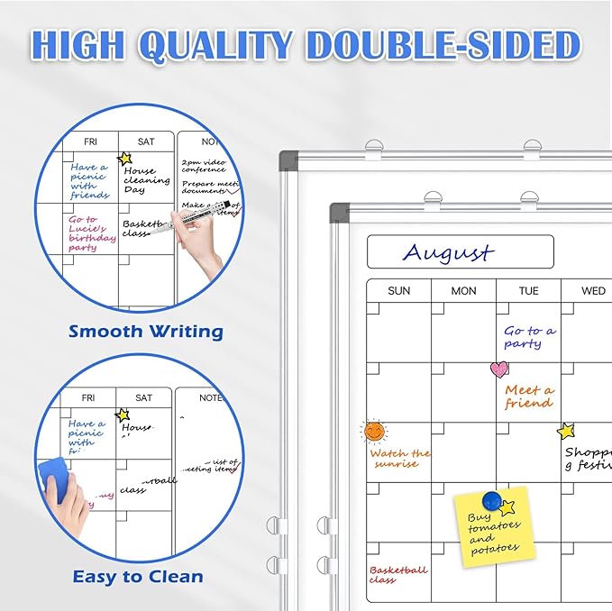 Monthly Calendar Dry Erase Whiteboard for Wall, 30" x 20" Double-Sided Large Calendar White Board, Magnetic Portable Hanging Board for Office, Home, School