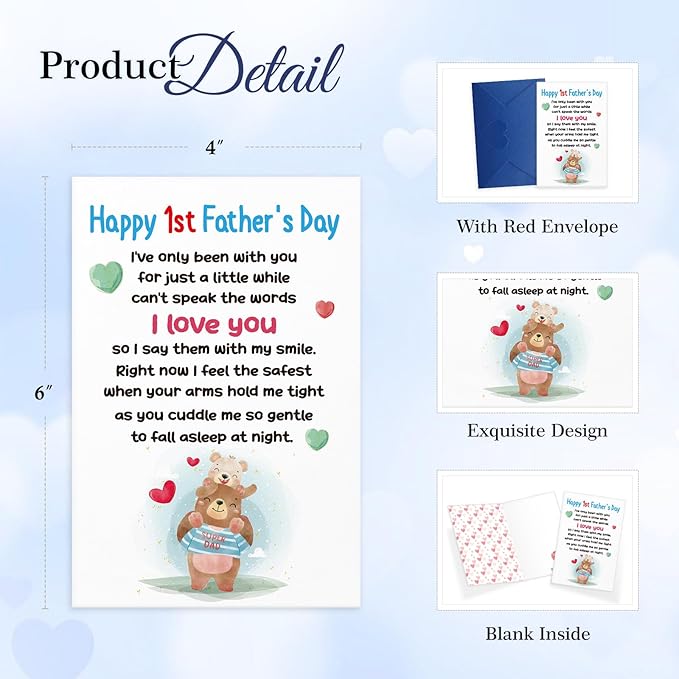 FaCraft Happy First Fathers Day Card for New Dad Dad to Be Expecting Fathers, 4 x 6 Happy 1st Fathers Day Gift Card with Envelope from Wife Daughter Son Baby Boy Girl(Cute Bear)