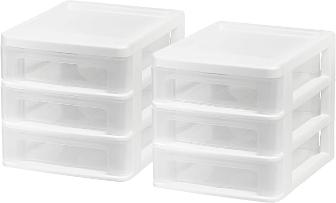 IRIS USA Plastic Stacking Desk Top 3-Drawer Storage Organizer, 2-Pack, for Makep Vanity Nail Polish Bathroom Stationery Art Craft Supplies Kitchen Office Garage and Small Organization, Small, White