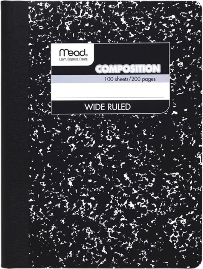 Mead Composition, Wide Ruled Comp Book, Writing Journal Notebook with Lined Paper, Home School Supplies for College Students & K-12, 9-3/4" x 7-1/2", 100 Sheets, Black Marble (09910)