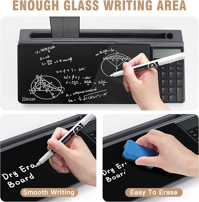 SELEAD Desktop Glass Whiteboard with Calculator, Organizer, Markers, Eraser, Holder - Black Dry Erase White Board Computer Pad Keyboard Stand for Home, School, Office Desk Cubicle Accessories