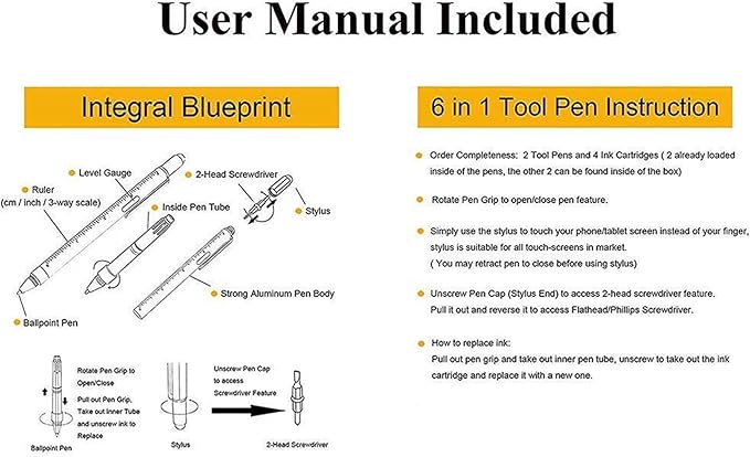 HeTaoCat Gifts Multi Tech Tool Pen 6 in 1 Stylus Pen - Screwdriver Pen with Ruler, Levelgauge, Ballpoint Pen Black ink (White)