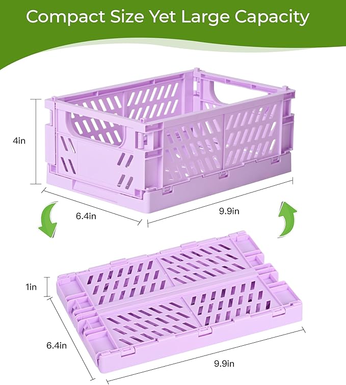 2-Pack Small Pastel Plastic Storage Baskets, Collapsible Crates for Organizing, Space-Saving Mini Bins for Classroom, Kitchen, Office, Bedroom (Purple, 9.8" x 6.5" x 3.8")