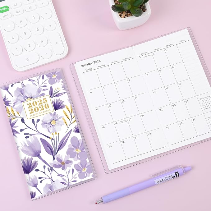 Pocket Calendar 2025-2026, Purple Monthly Planner 2025-2026 - 3.7" x 6.7" - Runs from January 2025 Until December 2026, Small Pocket Calendar 2025 with PVC Cover for Planning