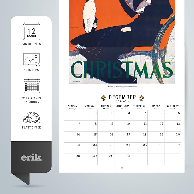 Art Nouveau Wall Calendar 2025 12" x 12" FSC® Plastic Free - Starts Week On Sunday | Square Wall Calendar 2025 | Family Planner Calendar 2025 | Art Calendar 2025 | Vintage Calendar 2025