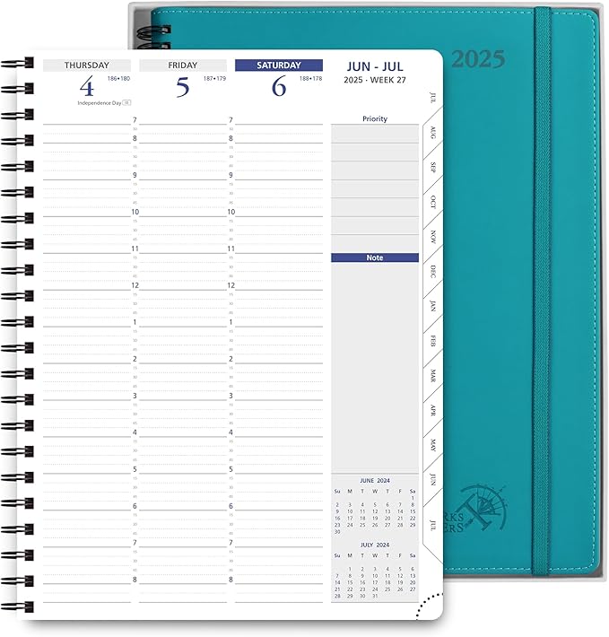 POPRUN 2025 Weekly Planner Spiral Bound with Monthly Tabs 8.5" x 11", Quarter-Hourly Appointment Book with PU Leather Soft Cover, Dual Pockets, Gift Box, Sunday Start - Pacific Green