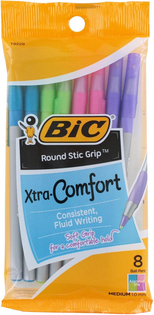 BIC Round Stic Grip Xtra Comfort Fashion Ballpoint Pens, Assorted Fashion Colors, Pack of 8