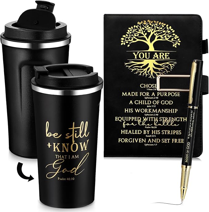 Pickmesh 3 Pcs Christian Gift for Men Man of God Gift Bible Verse A5 Leather Journal with Ballpoint Pen 17 oz Stainless Steel Tumbler Easter Gift Baskets for Father's Day Pastor Birthday Church(Black)
