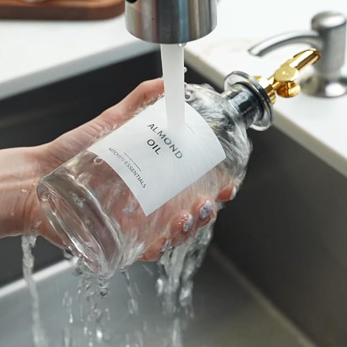 Olive Oil Labels for Glass Bottles - 2.5" x 2.5" Waterproof & Oil-Proof Kitchen PVC Sticker Labels for Oils, Vinegars, Sauces, Cooking Wines & Condiments - Minimalist White, 39pcs