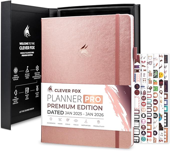 Clever Fox Planner PRO Premium Jan 2025-Jan 2026 – Luxurious Weekly, Monthly & Budget Agenda Organizer for Productivity & Reaching Goals, A4 Hardcover + Keepsake Box – Rose Gold
