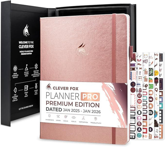 Clever Fox Planner PRO Premium Jan 2025-Jan 2026 – Luxurious Weekly, Monthly & Budget Agenda Organizer for Productivity & Reaching Goals, A4 Hardcover + Keepsake Box – Rose Gold
