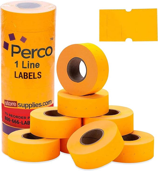 Perco 1 Line Fluorescent Orange Labels - 8 Rolls, 1 Sleeve, 8,000 Blank Price and Date Gun Labels for Perco 1 Line Price and Date Guns - Made in USA