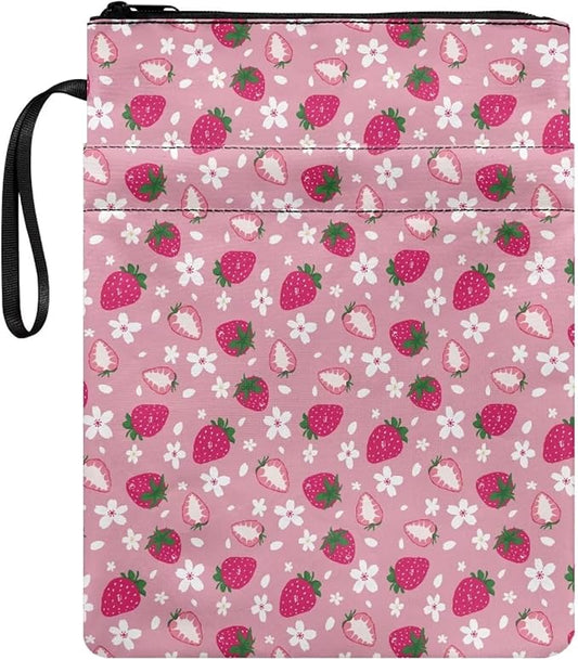 COEQINE Strawberry Book Sleeve Protector Book Cover with Zipper Book Sleeves Washable Hardcover Paperbacks Book Sox with Front Pocket