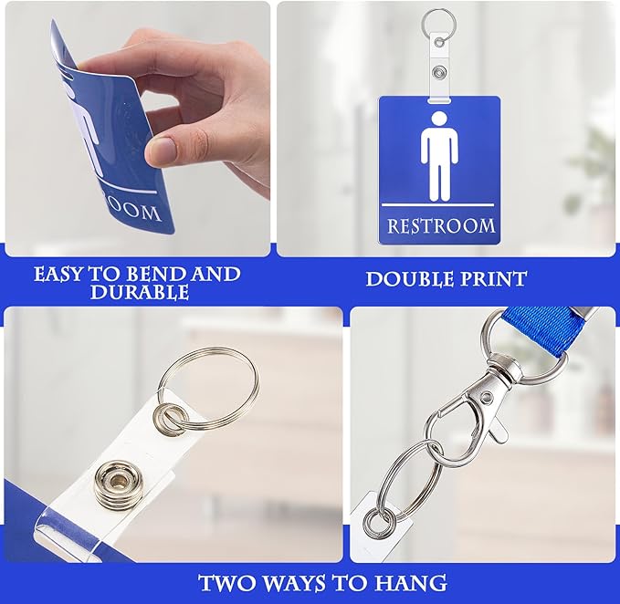 12 Set Bathroom Pass Restroom Pass with Key Holder Keychain with Lanyard PVC Blue and Pink Restroom Passes for Classrooms Women Men